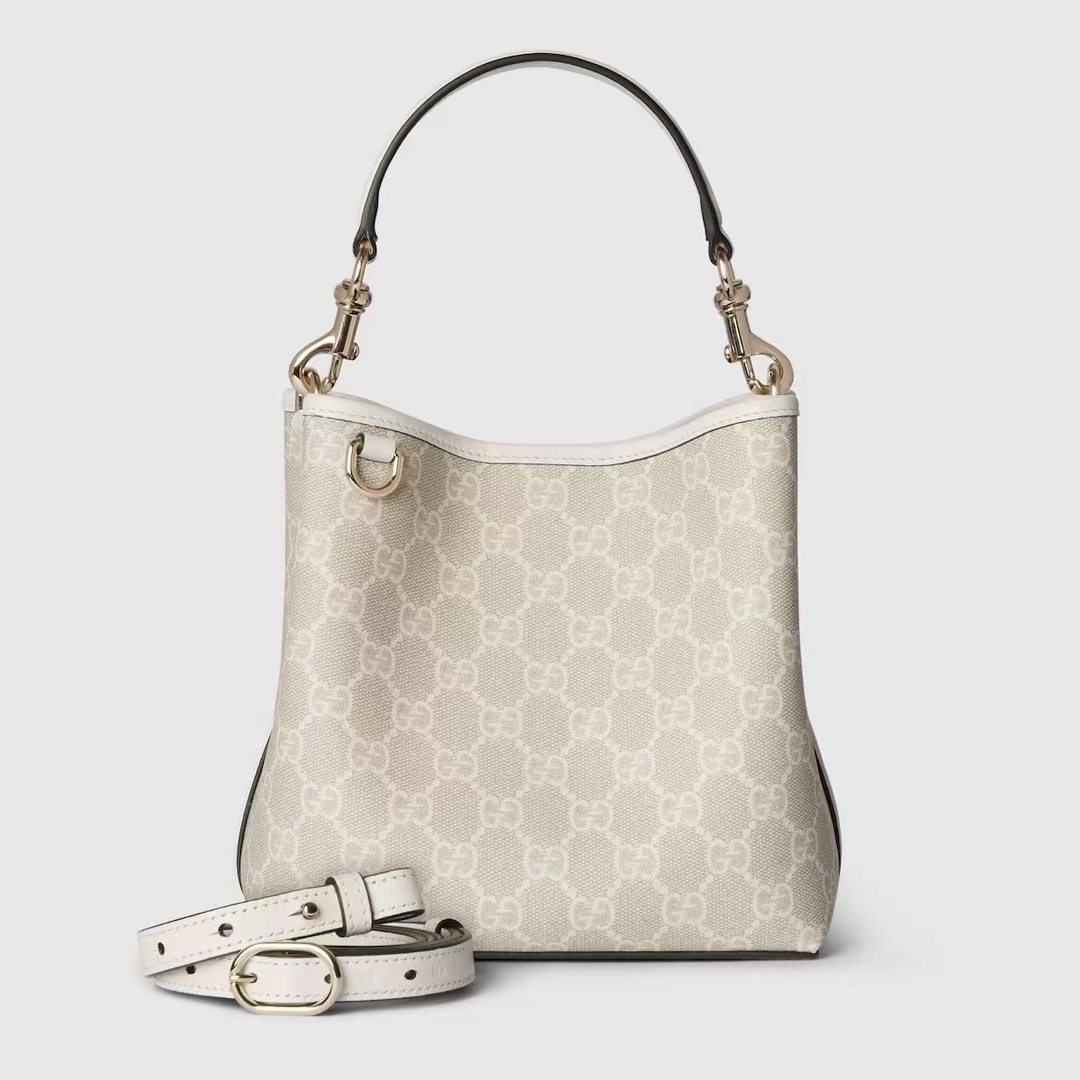 Gucci GG Emblem Small Bucket Bag | Beige & White GG Monogram Coated Fabric