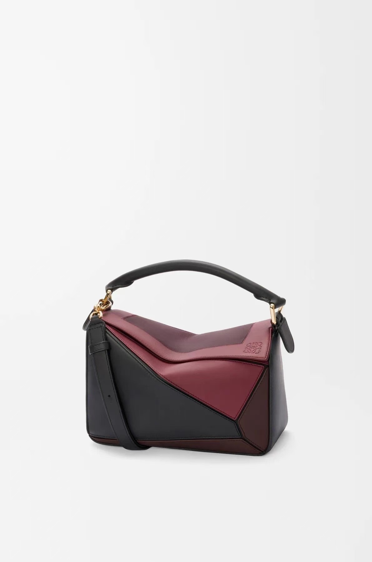 LOEWE Small Puzzle Bag in Black & Burgundy Napa Calfskin
