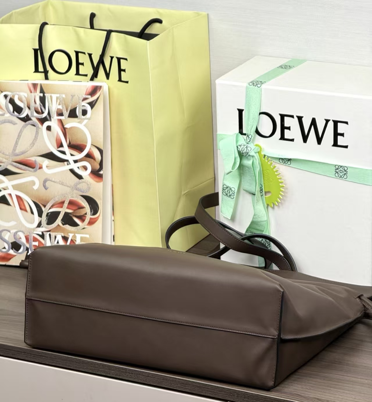 LOEWE Large Flamenco Clutch - Chocolate, Drawstring & Herringbone Lining