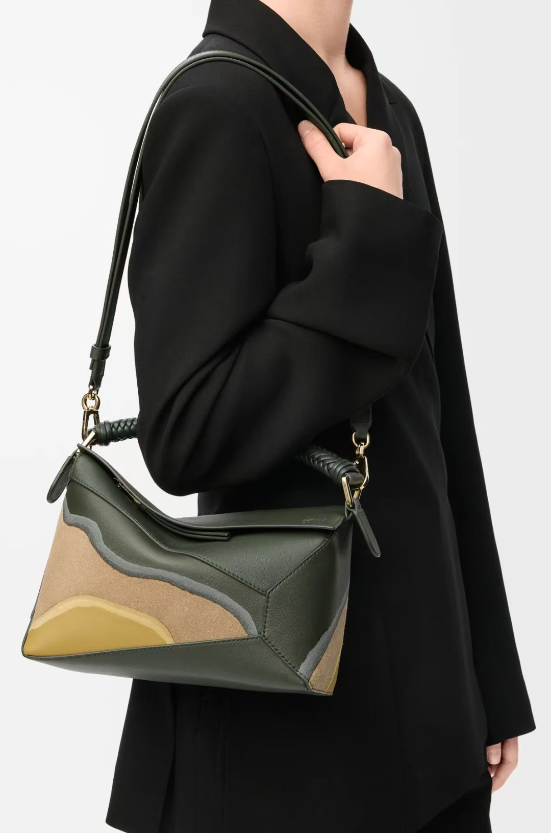 LOEWE Small Puzzle Edge Landscape Bag in Aquarius Green & Ochre Yellow Napa Calfskin