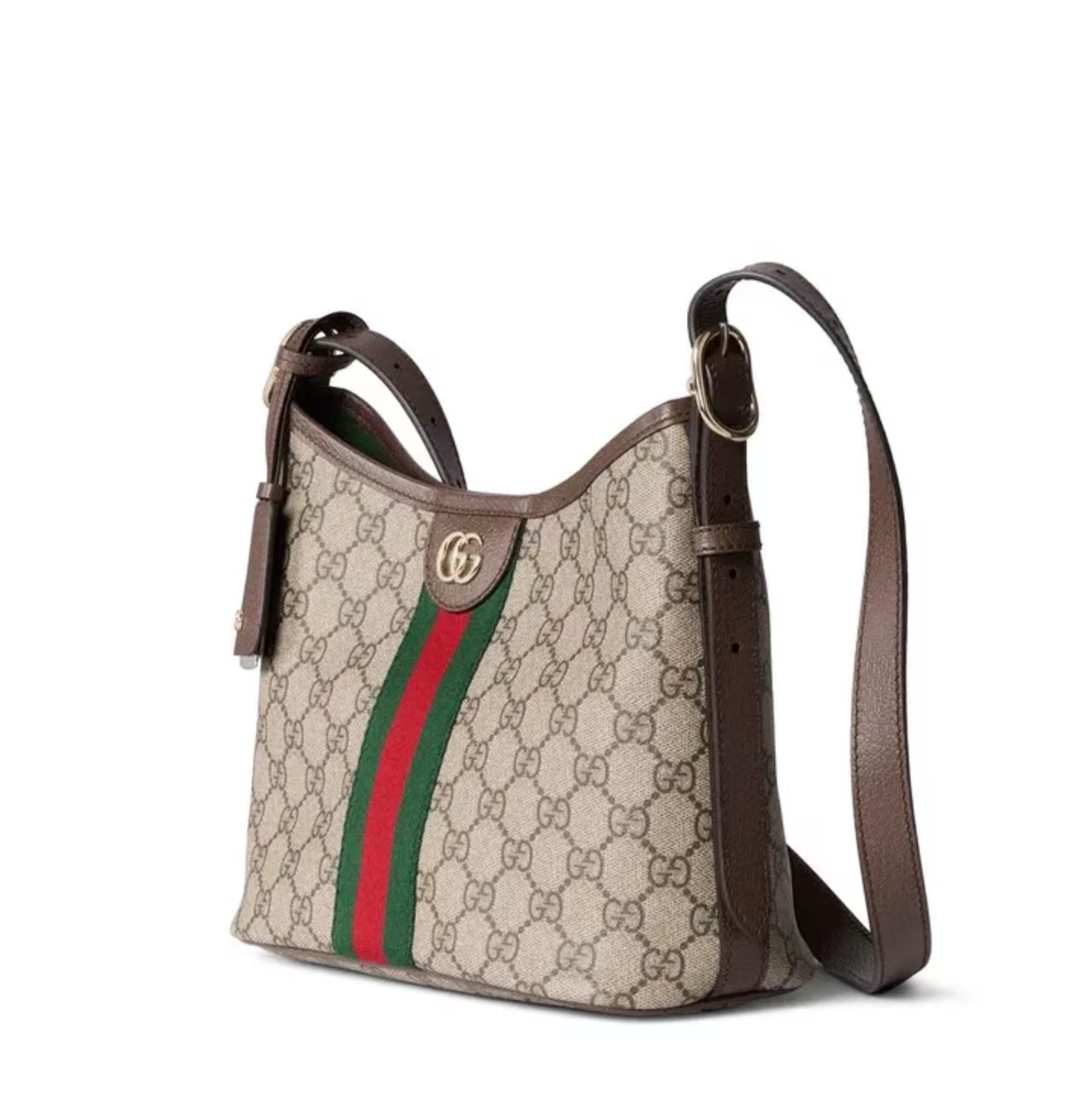 Gucci Ophidia Small Shoulder Bag in Beige/Brown GG Canvas with Leather Trim & Web Strap