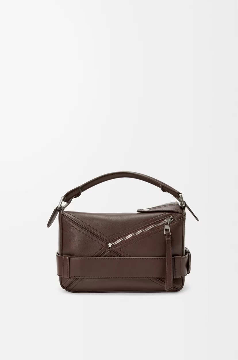 LOEWE Small Puzzle Biker Bag in Brownie Glossy Calfskin