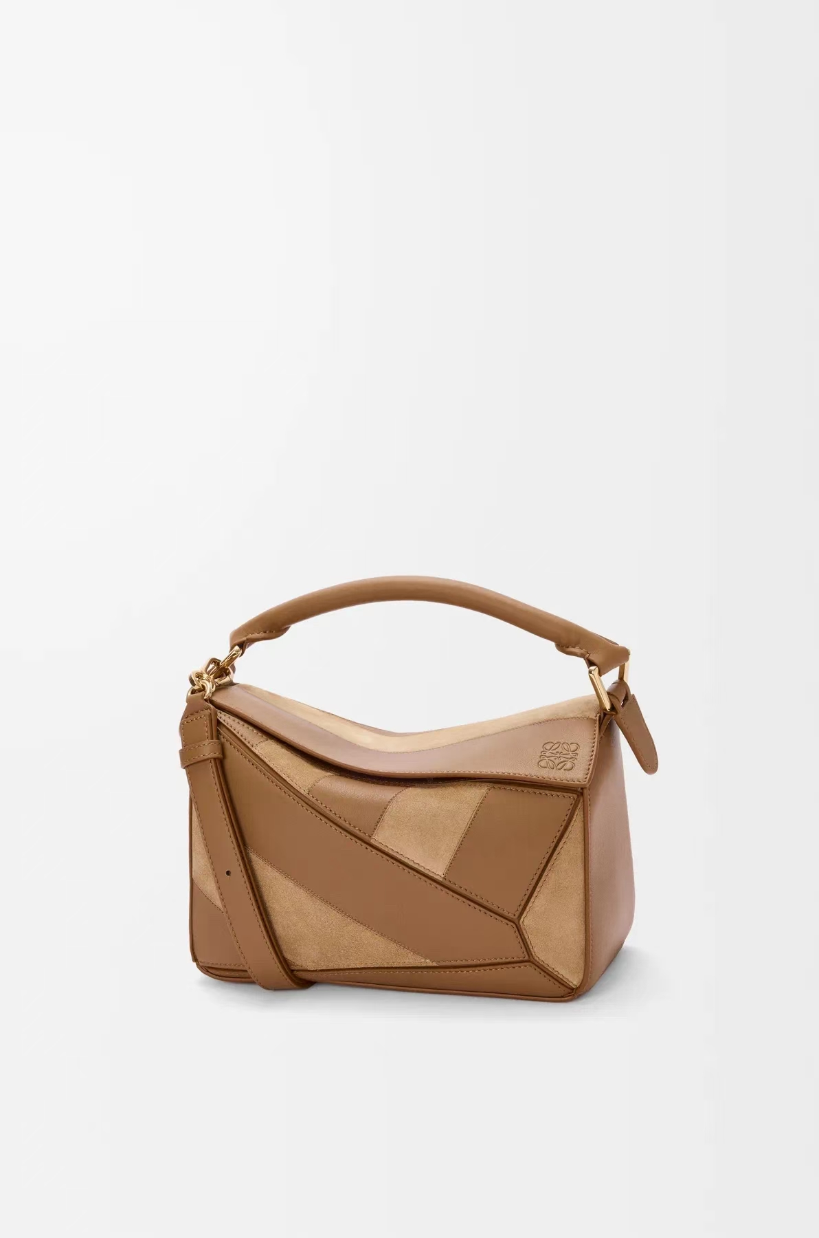 LOEWE Small Puzzle Bag - Oak Brown, Geometric Design & Intarsia Stripes