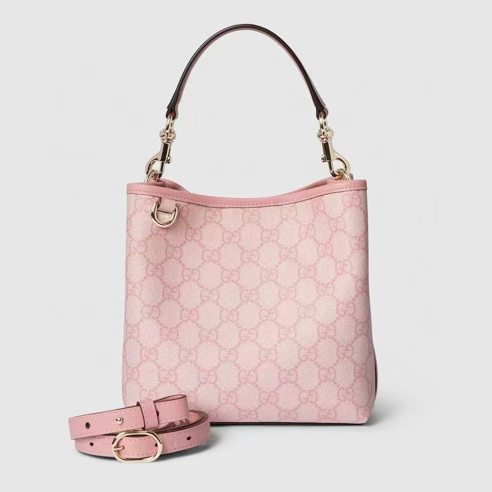 Gucci GG Emblem Small Bucket Bag | Light Pink GG Monogram Coated Fabric