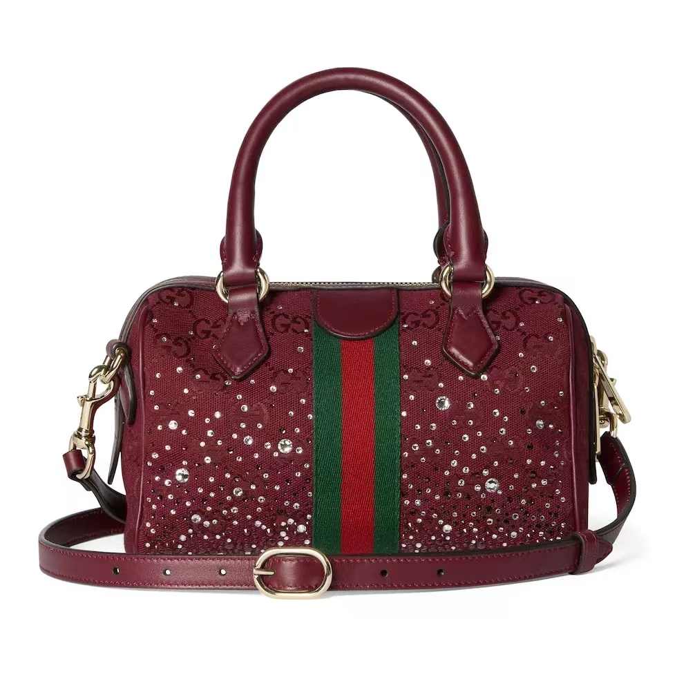 Gucci Ophidia Small Boston Bag | Crystal-Embellished GG Canvas in Gucci Ancora Red