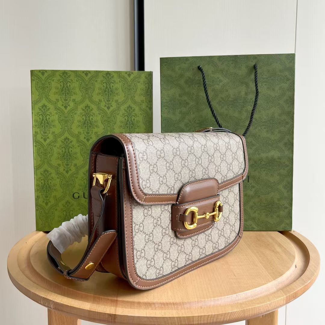 Gucci Horsebit 1955 Medium Shoulder Bag | Beige/Ebony GG Supreme with Double G Monogram