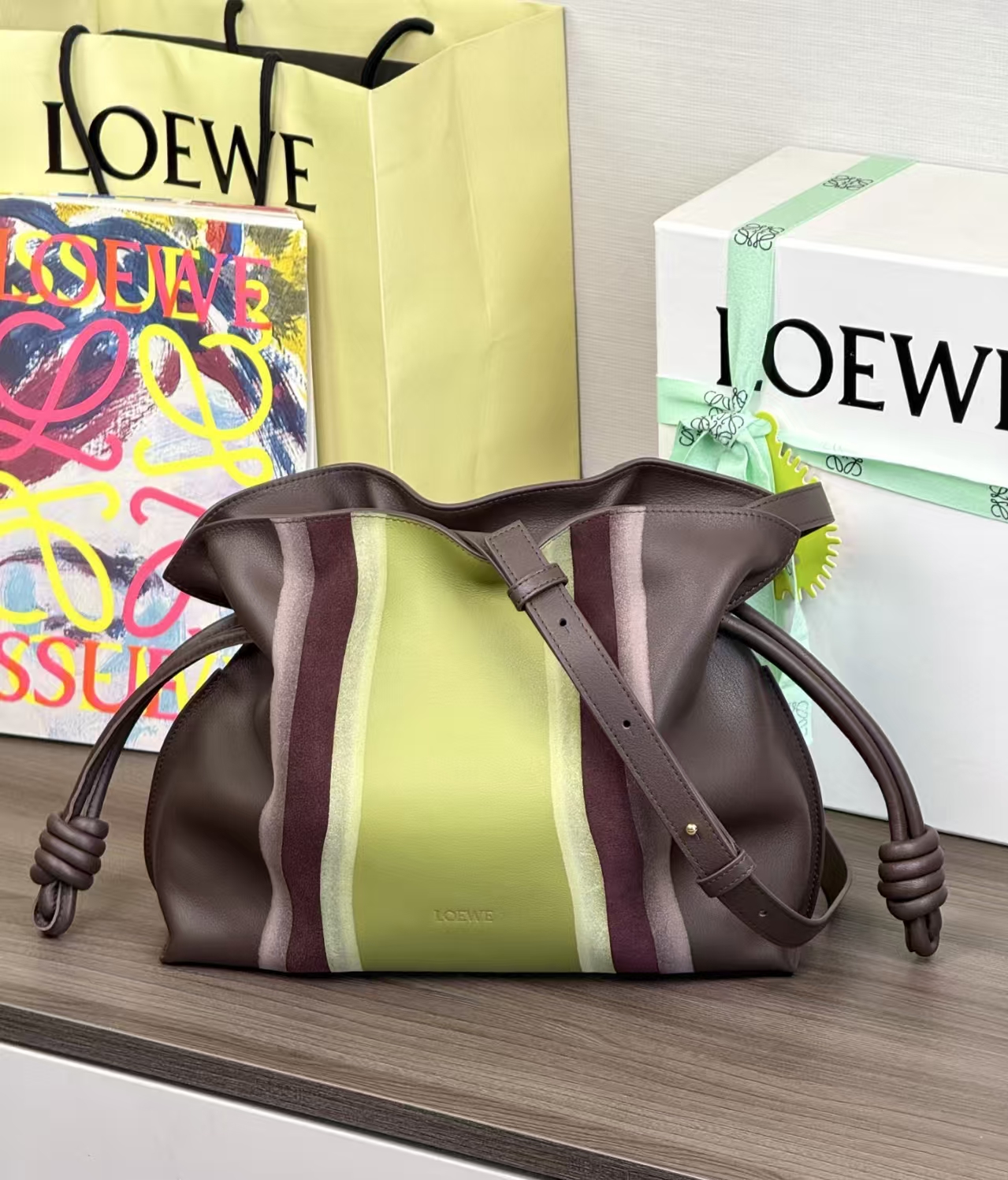 LOEWE Medium Flamenco Landscape Clutch in Chocolate & Light Moss Napa Calfskin