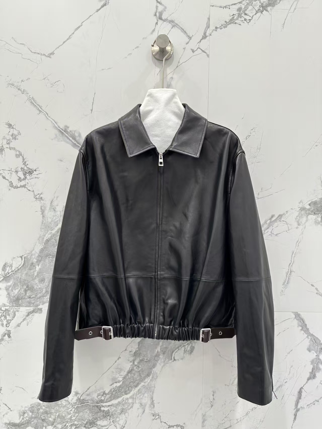 LOEWE Leather Jacket - Black, Belted Waist & Front Pleats