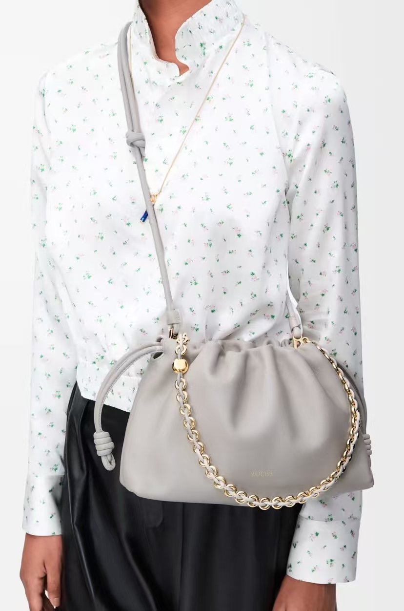 LOEWE Medium Flamenco Bag - Silver Gray, Donut Chain & Pleated Design