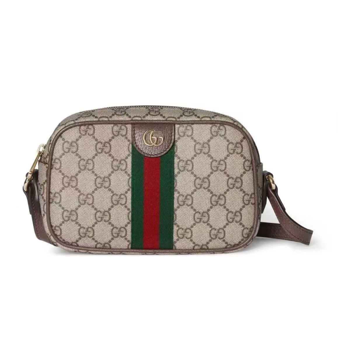 Gucci Ophidia Small Camera Bag in Beige/Dark Brown GG Coated Canvas