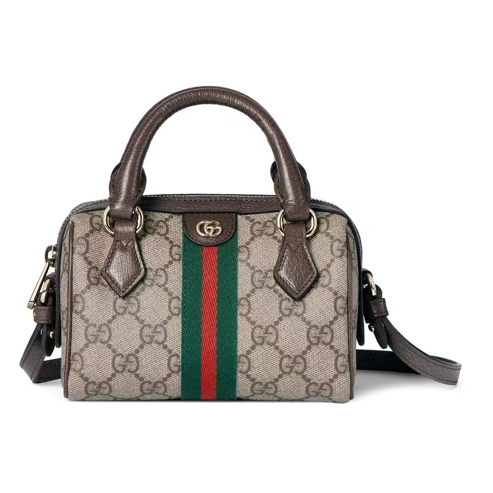 Gucci Ophidia Mini Boston Bag in Beige/Dark Brown GG Coated Canvas