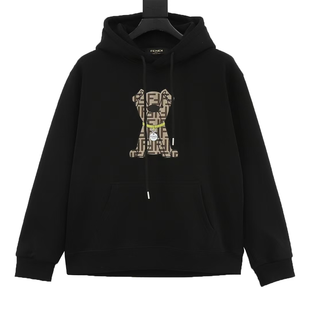 FENDI Jet Black Hoodie Featuring a Playful Puppy Contrast