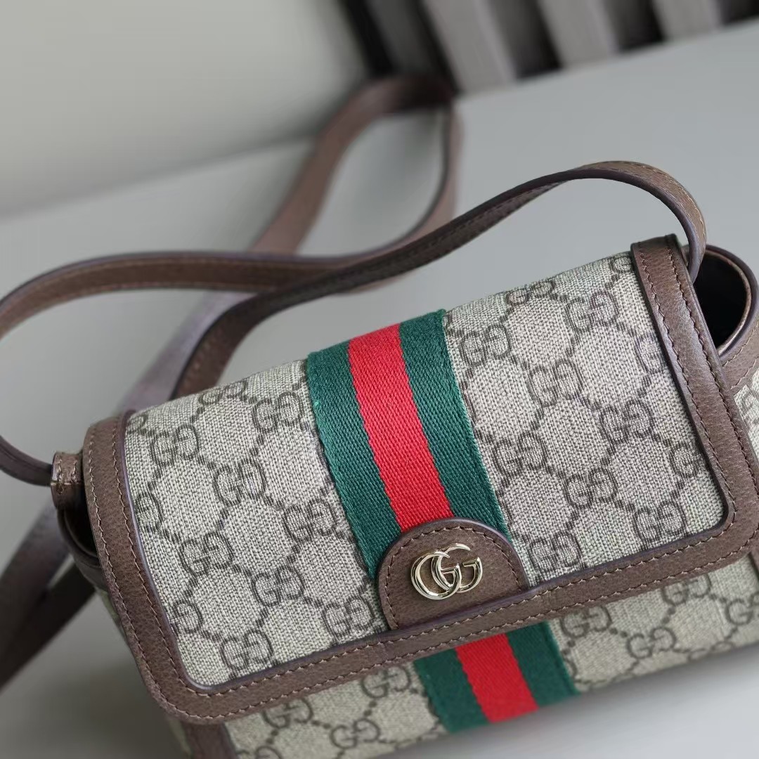 Gucci Ophidia Mini Shoulder Bag in Beige/Dark Brown GG Coated Canvas