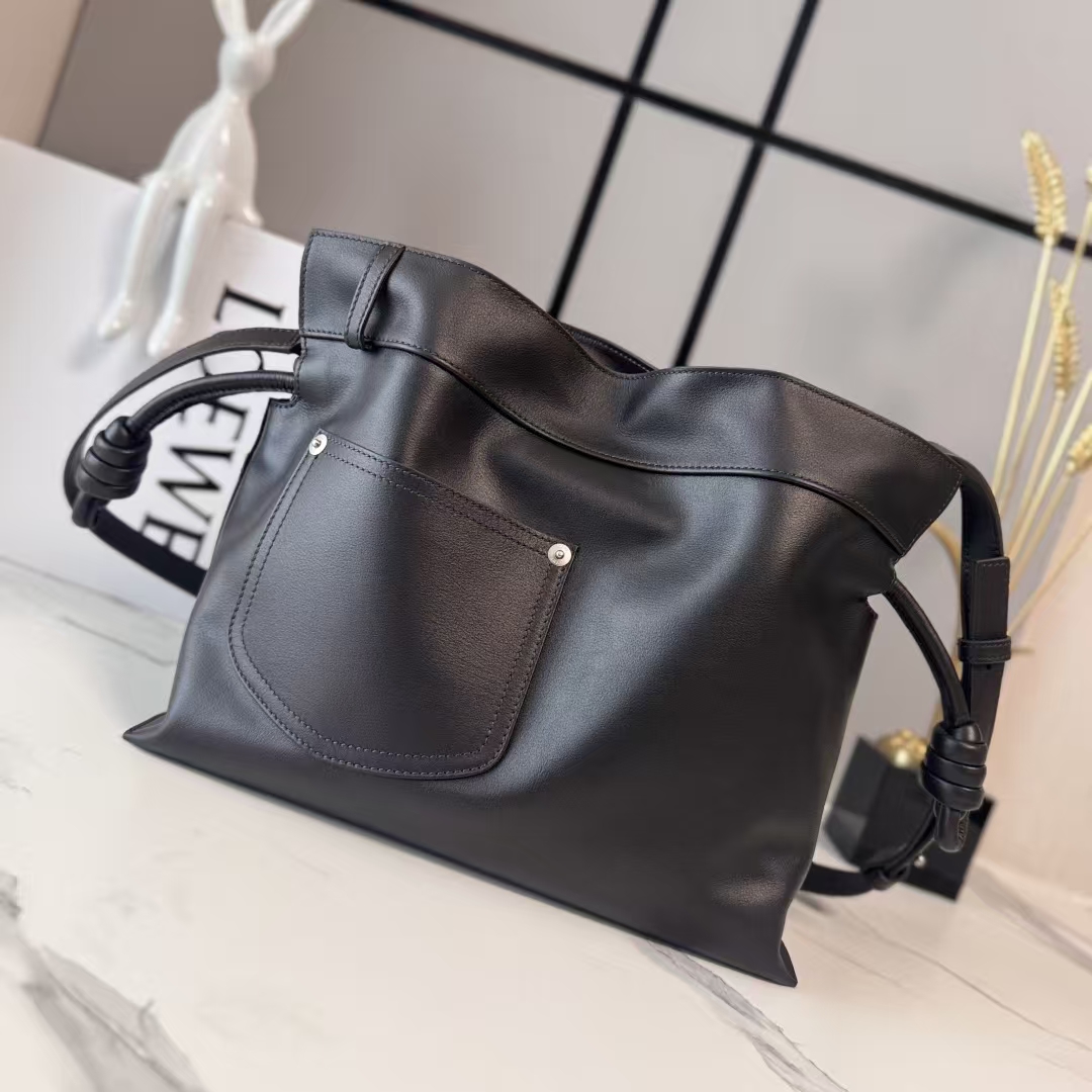 LOEWE Medium Flamenco Clutch - Black, Glossy Leather & Denim Detail