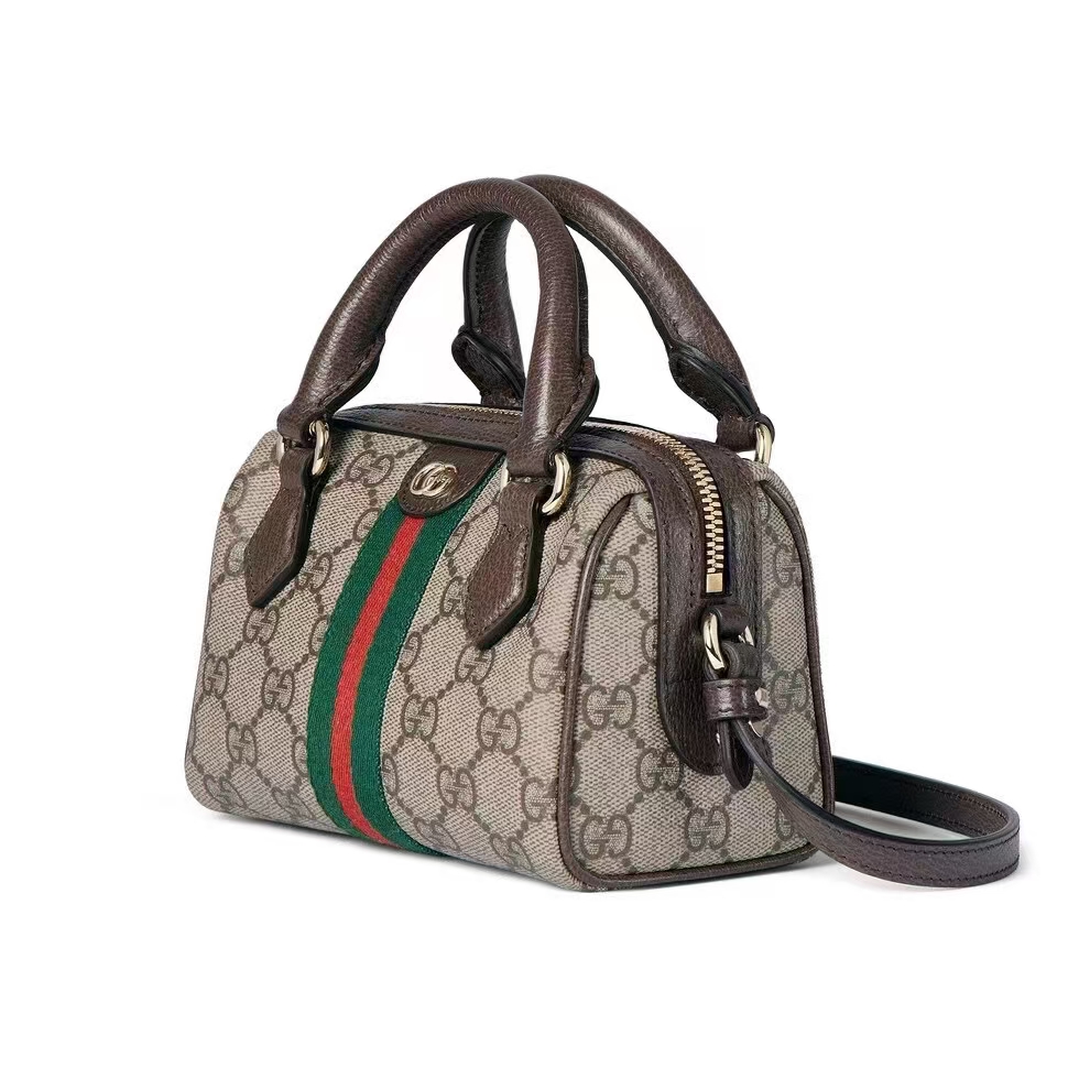 Gucci Ophidia Mini Boston Bag in Beige/Dark Brown GG Coated Canvas