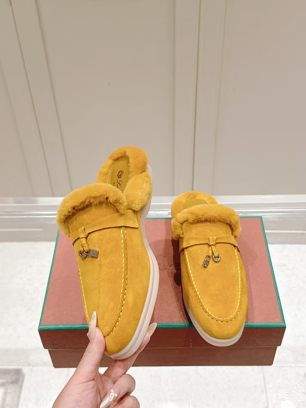 Loro Piana Two-Tone Shearling Loafer Mule in Yellow | Luxury Backless Slipper
