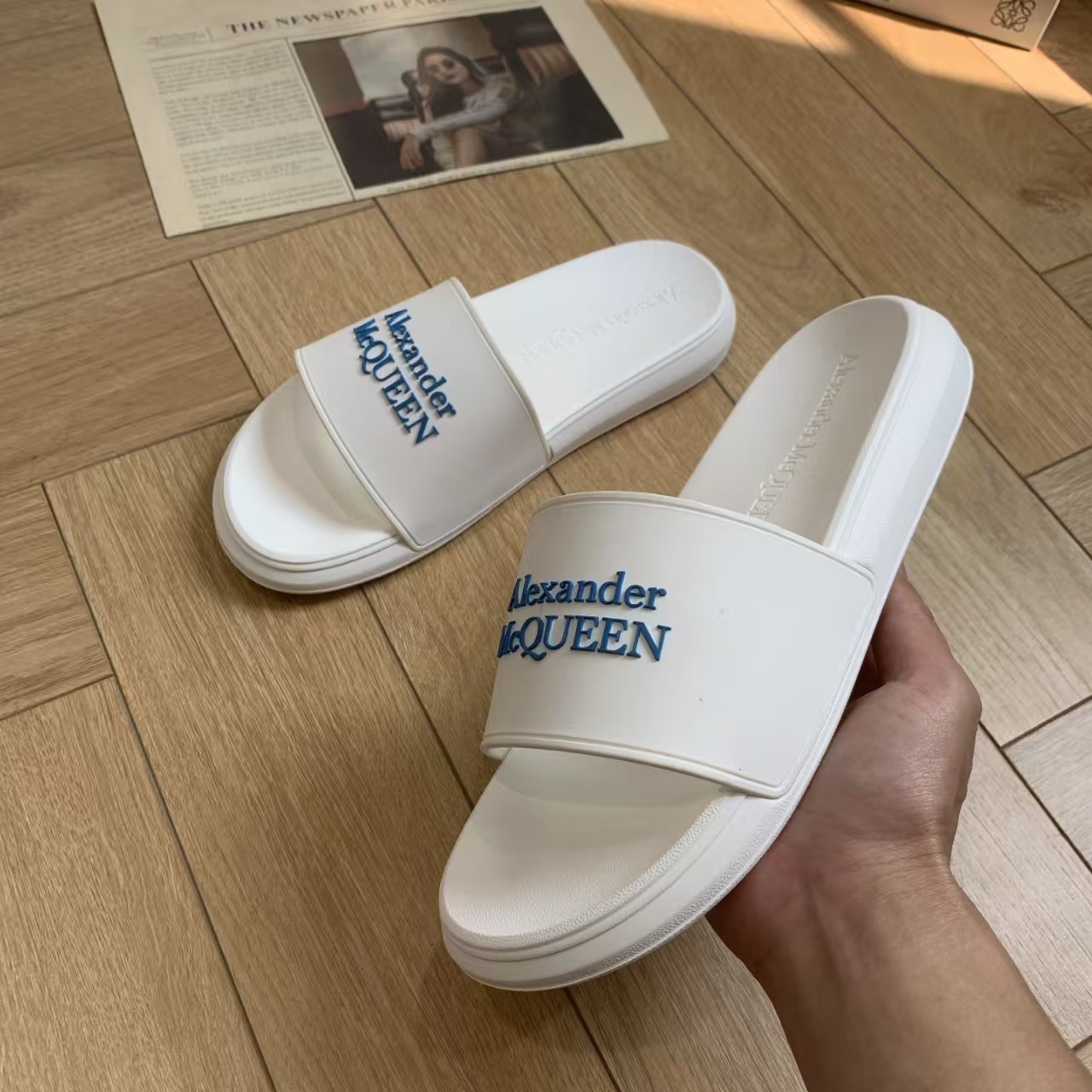Alexander McQueen White Slide Sandal | Logo Embellished Leather Slipper