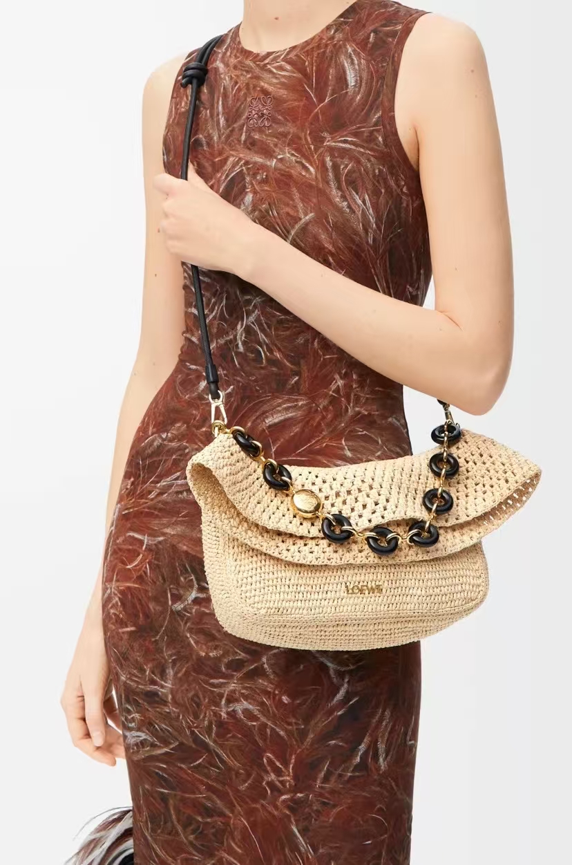 LOEWE Ola Bag - Medium, Woven Raffia & Cowhide Trim, Natural