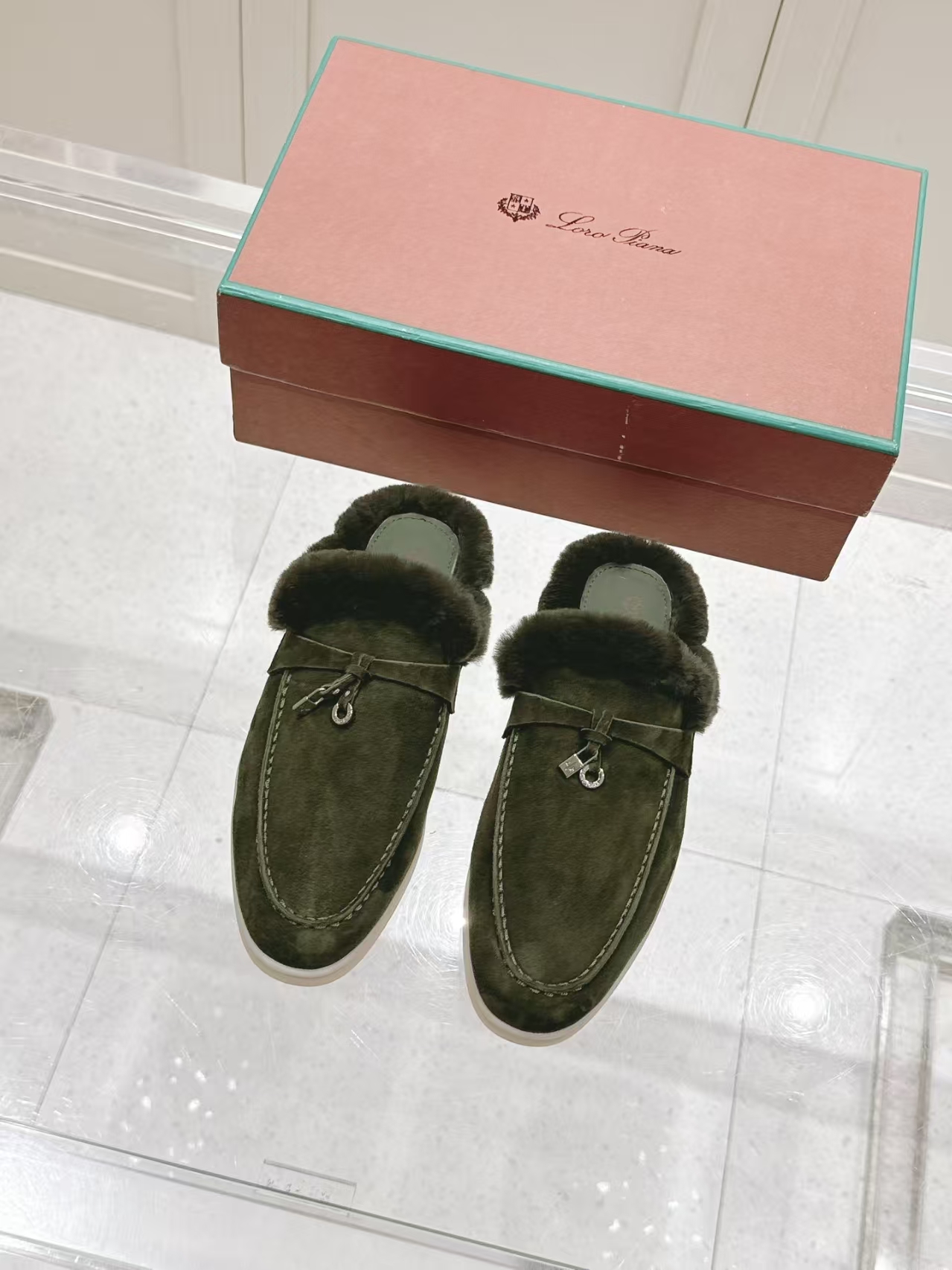 Loro Piana Dark Brown Shearling Loafer Mule | Backless Cashmere-Lined Slipper