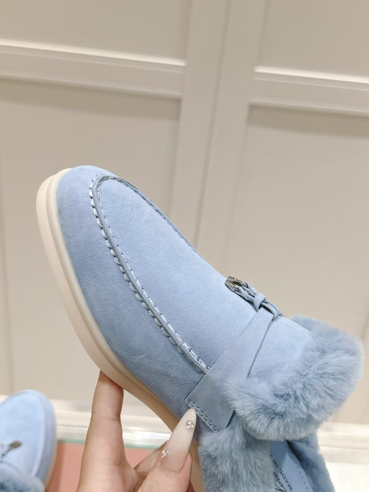 Loro Piana Shearling Loafer Mule in Soft Sky | Airy Ease & Luxury