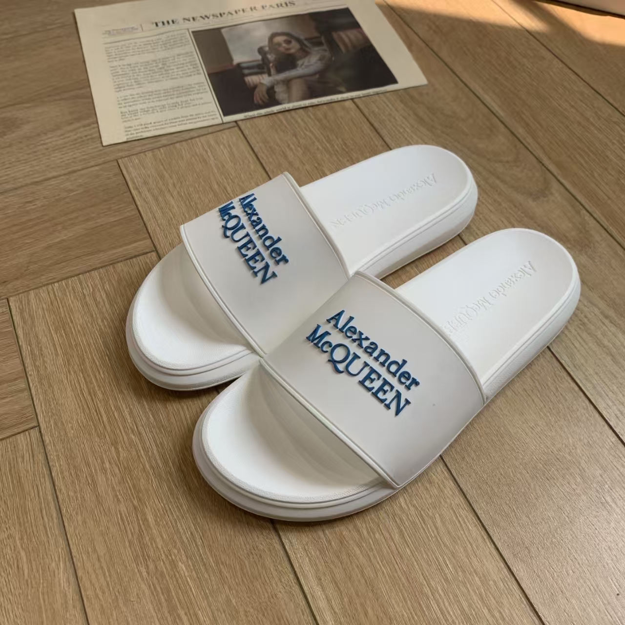 Alexander McQueen White Slide Sandal | Logo Embellished Leather Slipper