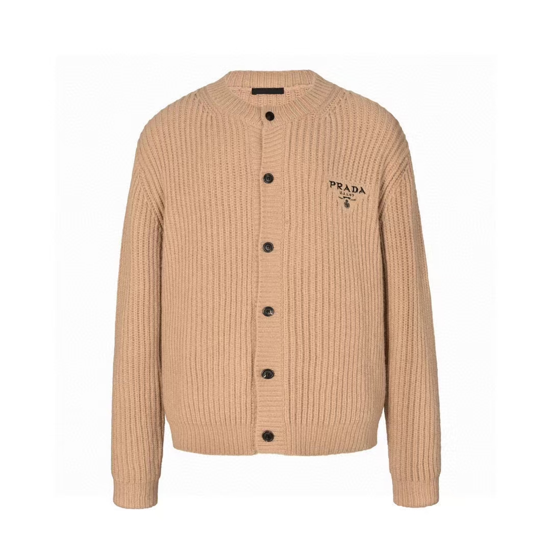 PRADA Fall Winter 2022 Intarsia Wool Cardigan in Khaki