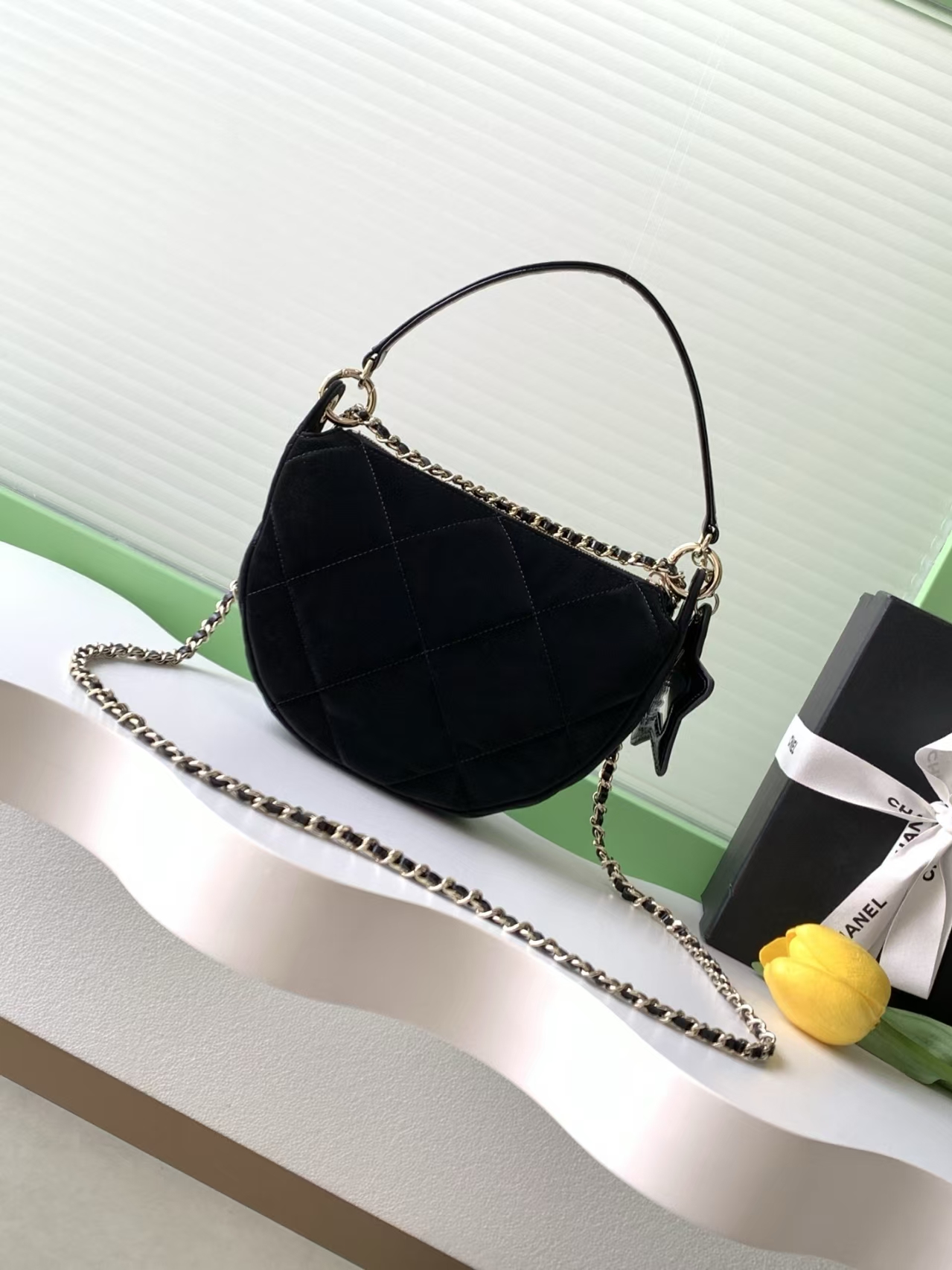 Chanel 25N Black Velvet Crescent Bag