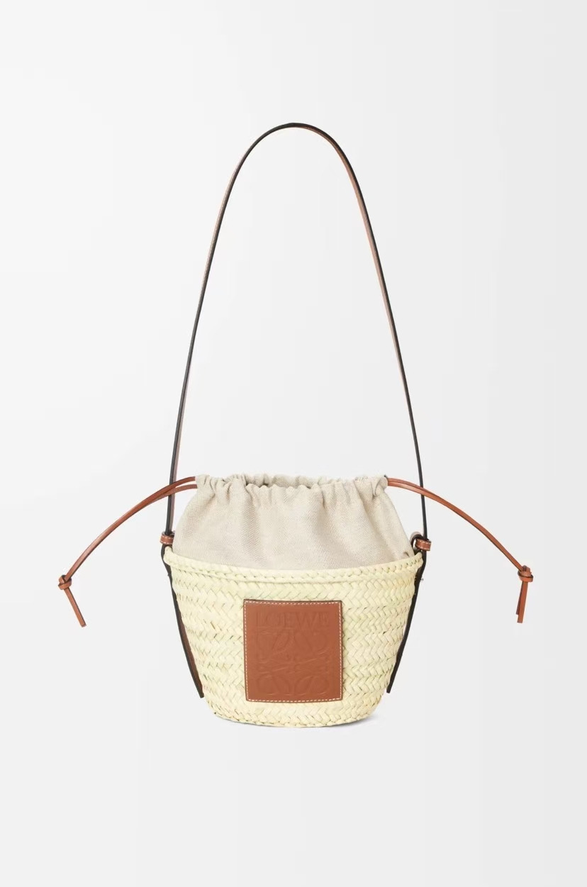 LOEWE Bucket Bag - Woven Palm Leaf, Leather Drawstring, Natural/Tan
