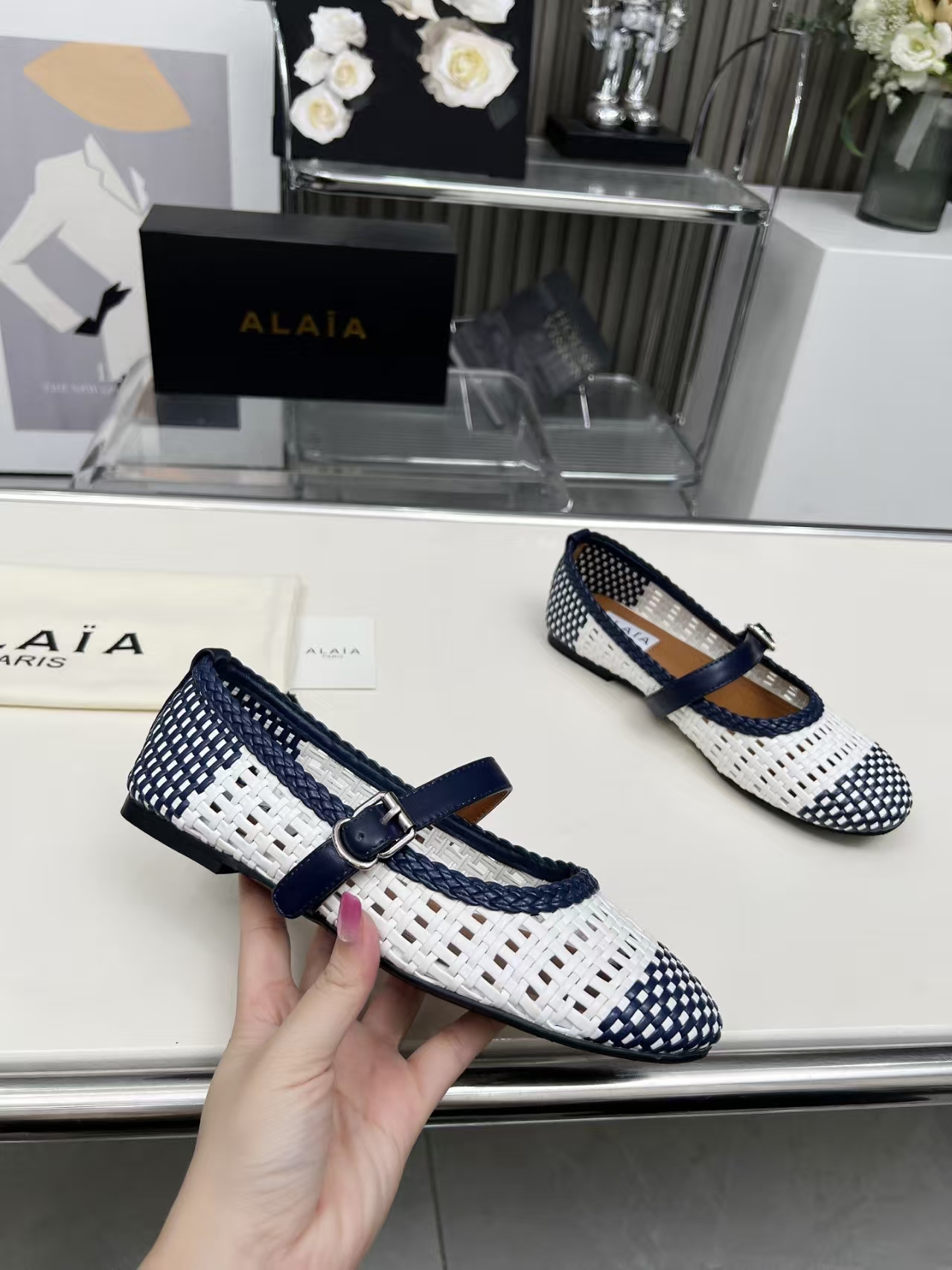 Alaïa New Arrival White & Navy Woven Leather Flats | Women's Cut-Out Slip-On Shoes