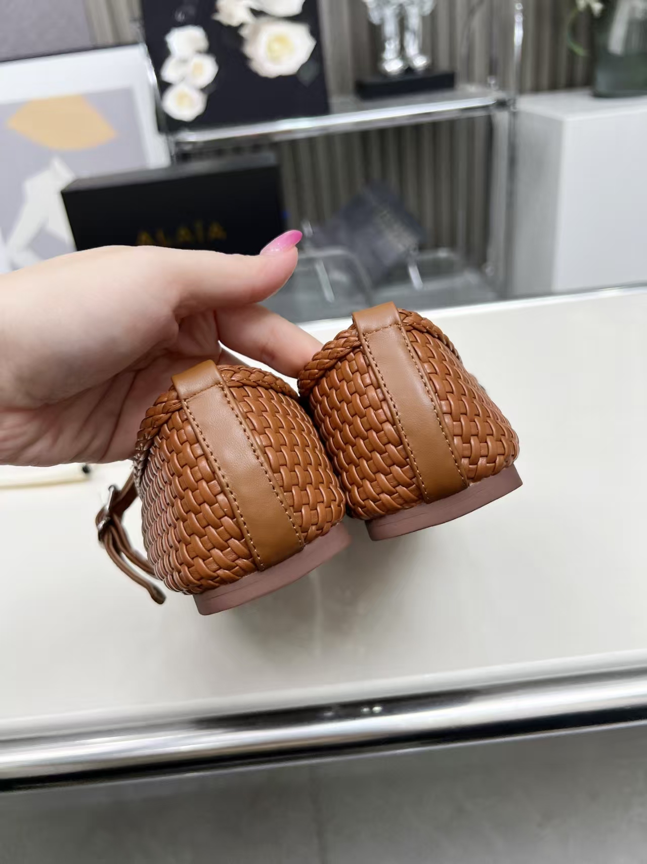 Alaïa New Arrival Espresso Woven Leather Flats | Women's Cut-Out Slip-On Shoes