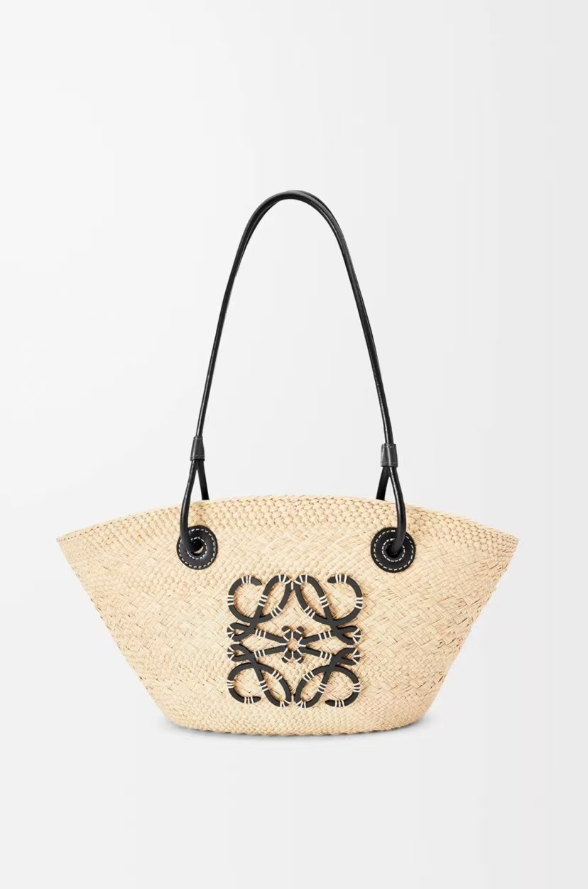 LOEWE Small Basket Bag - Woven Iraka Palm, Cowhide Trim, Natural/Black