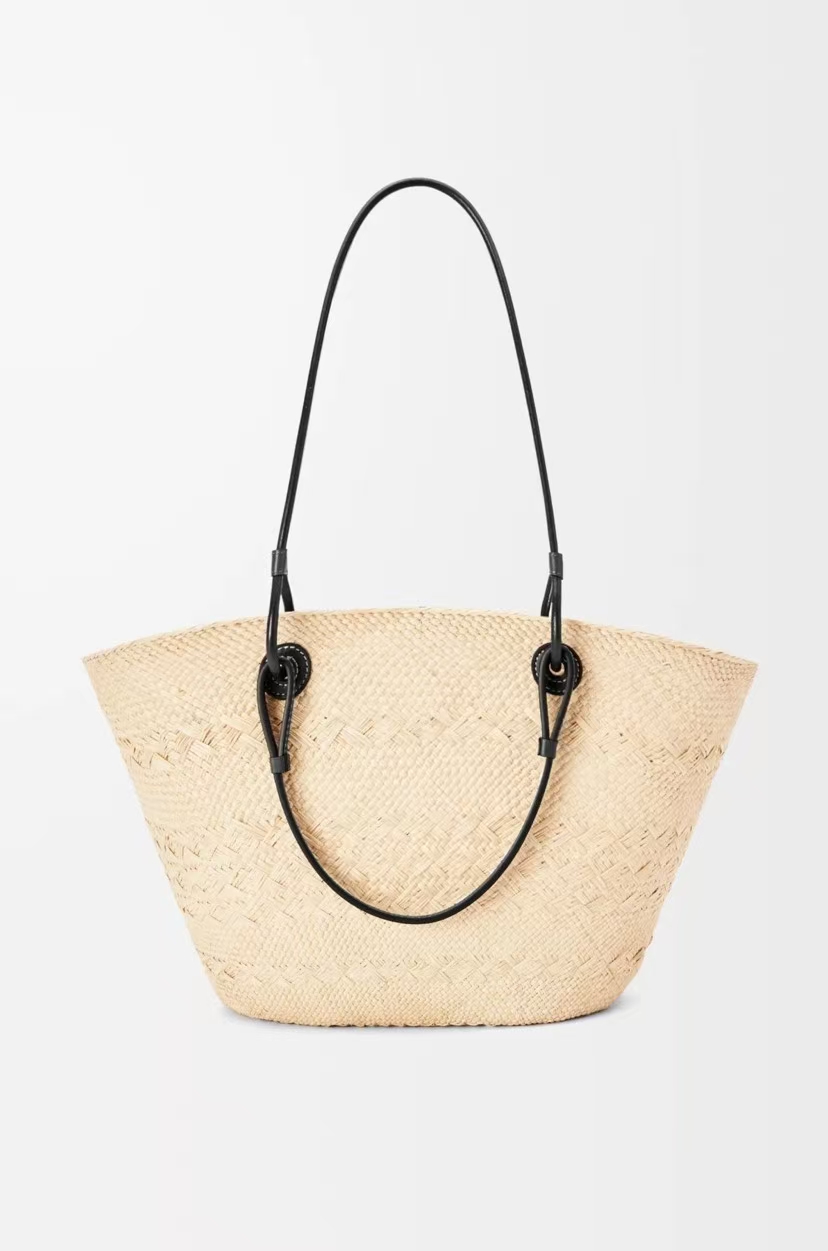 LOEWE Medium Basket Bag - Woven Iraka Palm Fibre, Calfskin Trim, Natural/Black