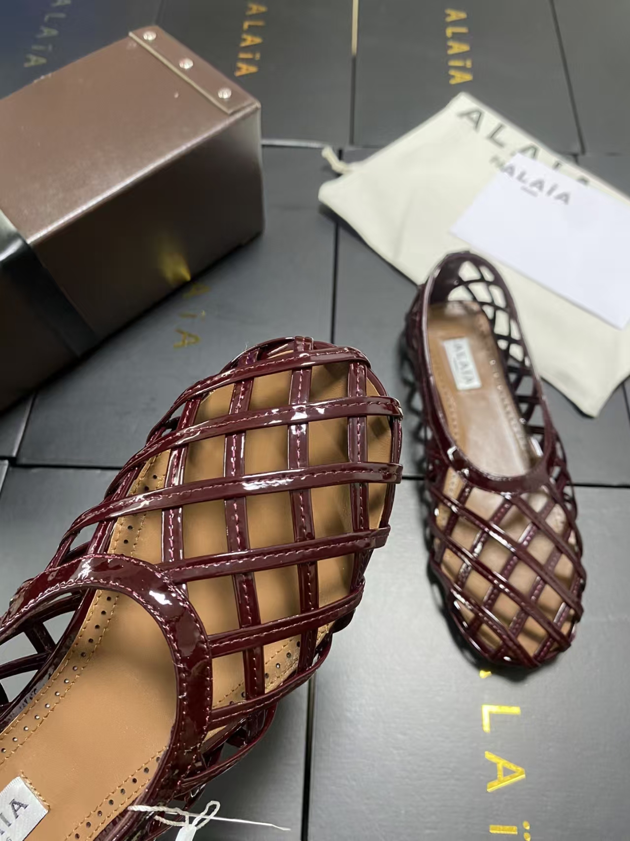 Alaïa Brown Smocked-Band Ballet Flats | Women's Leather Slip-On Shoes