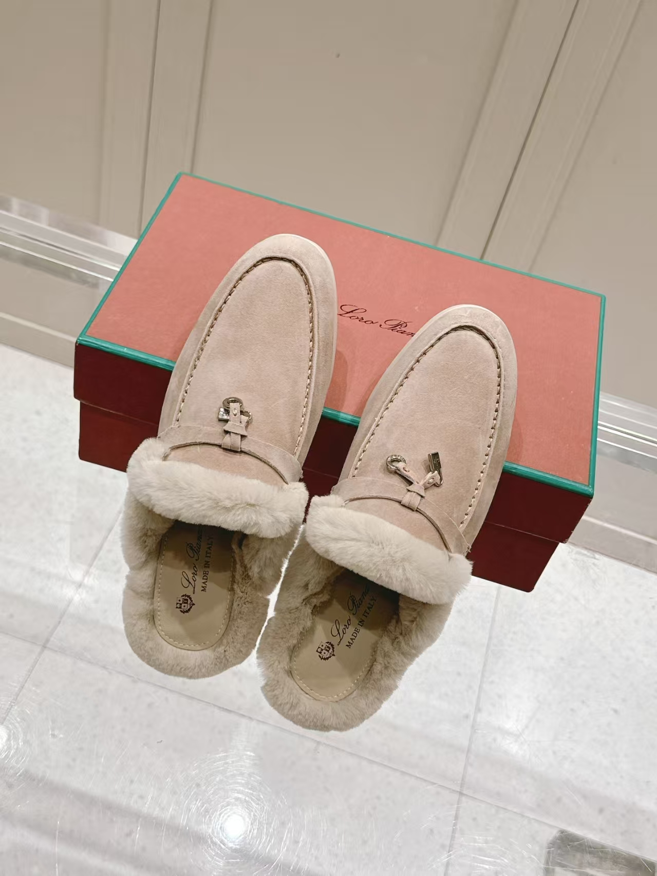 Loro Piana Khaki Shearling Loafer Mule | Slip-On Backless Luxury Slipper