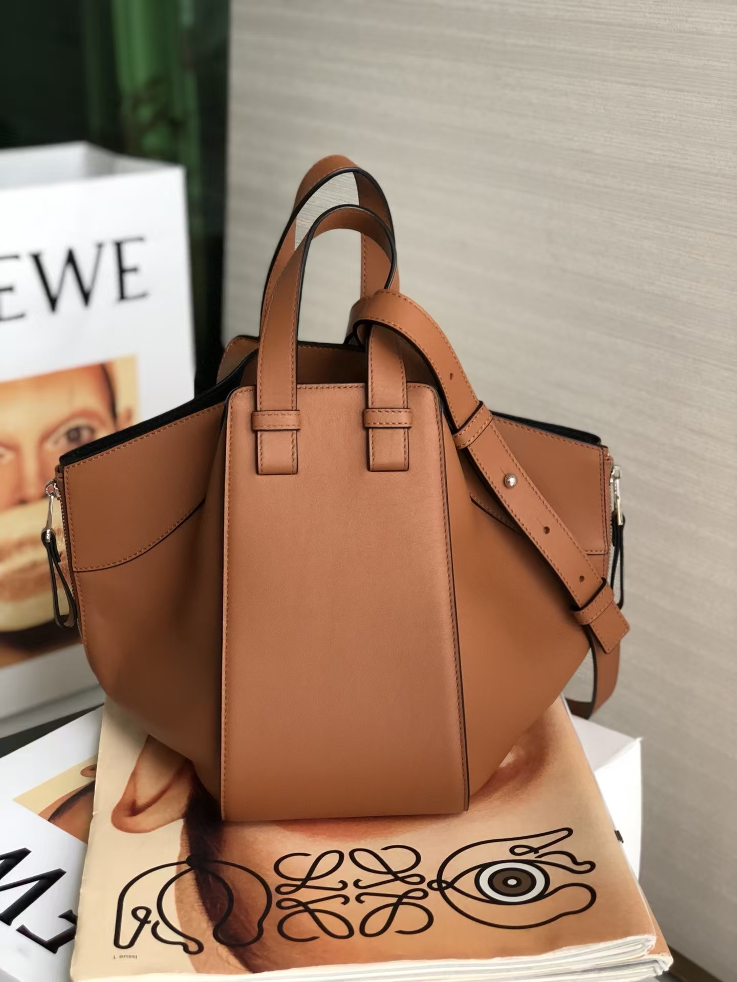 LOEWE Hammock Compact Bag - Tan, Classic Calfskin & Foldable Design