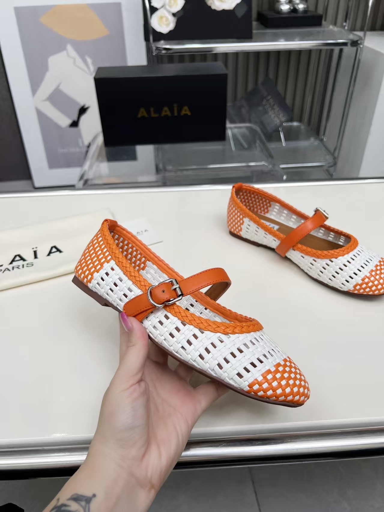 Alaïa New Arrival White & Tangerine Woven Leather Flats | Women's Cut-Out Slip-On Shoes