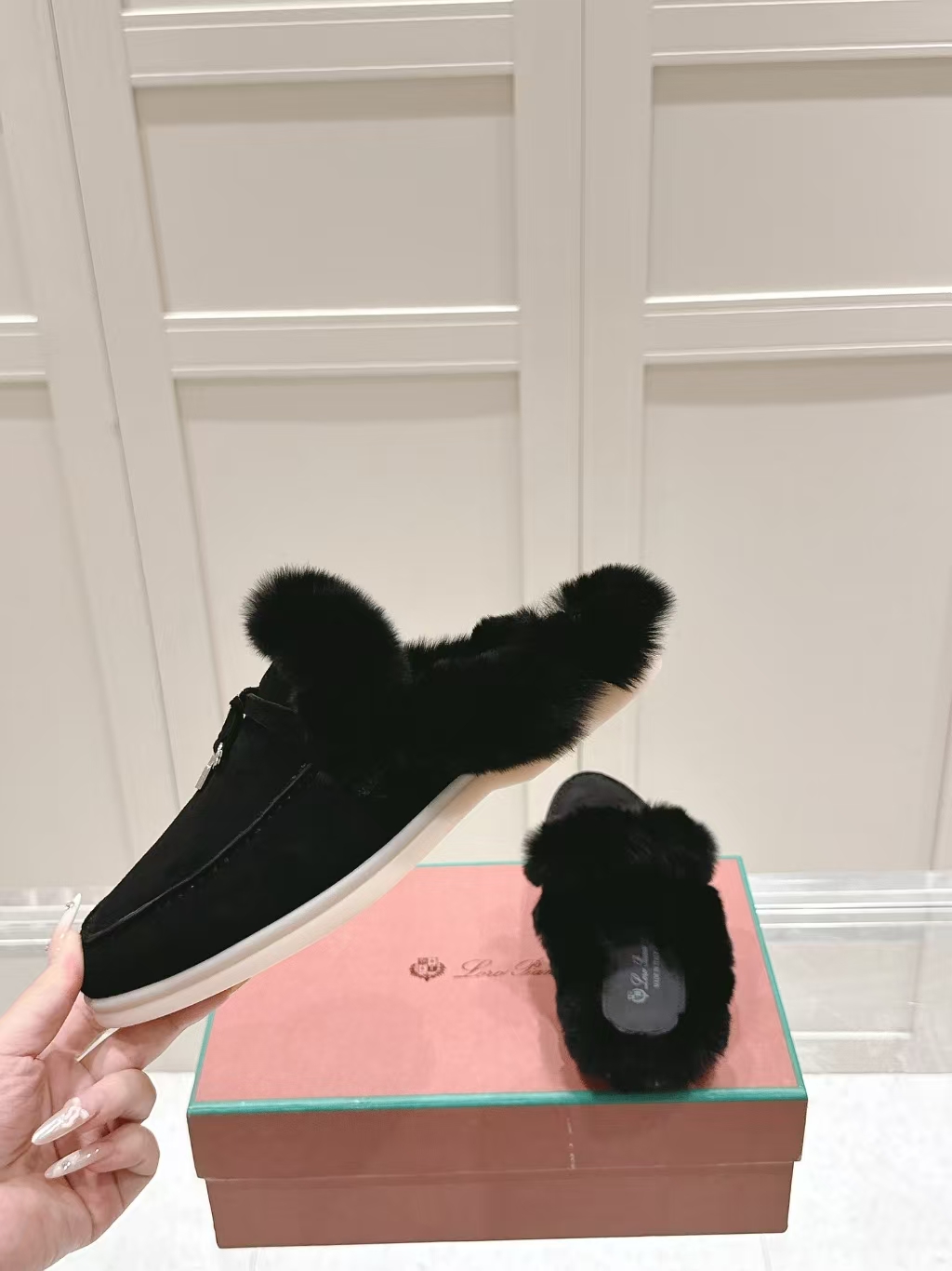 Loro Piana Black Shearling Loafer Mule | Backless Suede Slipper