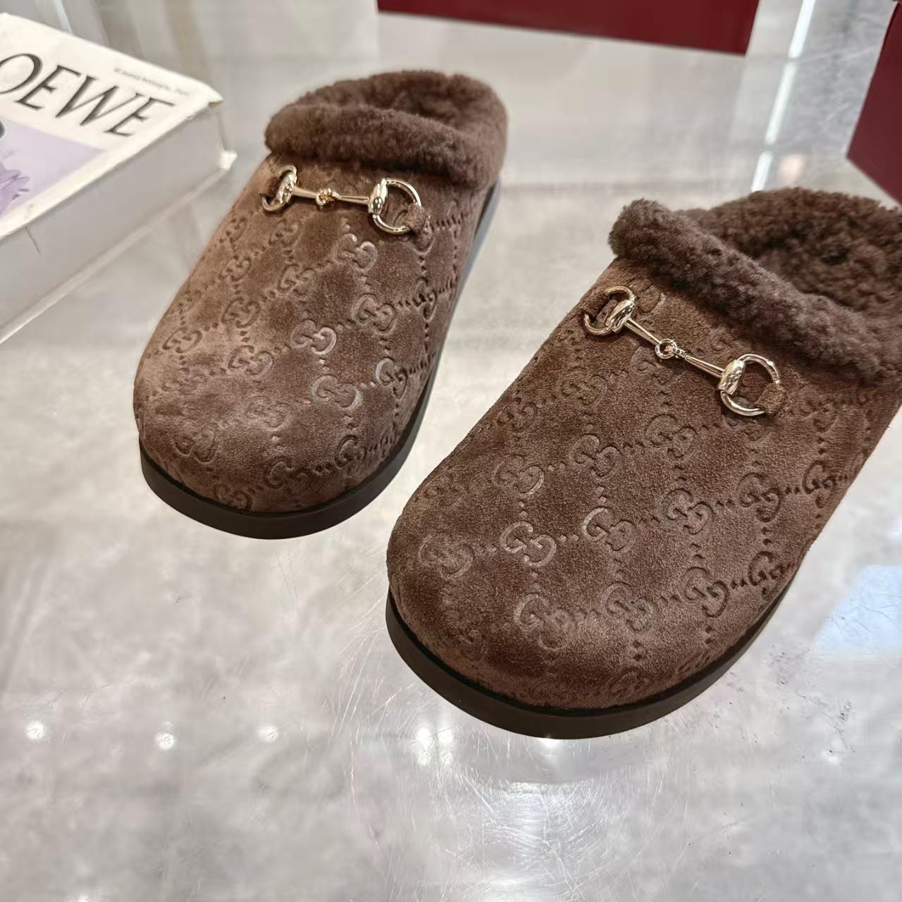 Gucci Women's Fall Winter New Arrival Mocha Suede & Wool Slipper | Plush Indoor Slide
