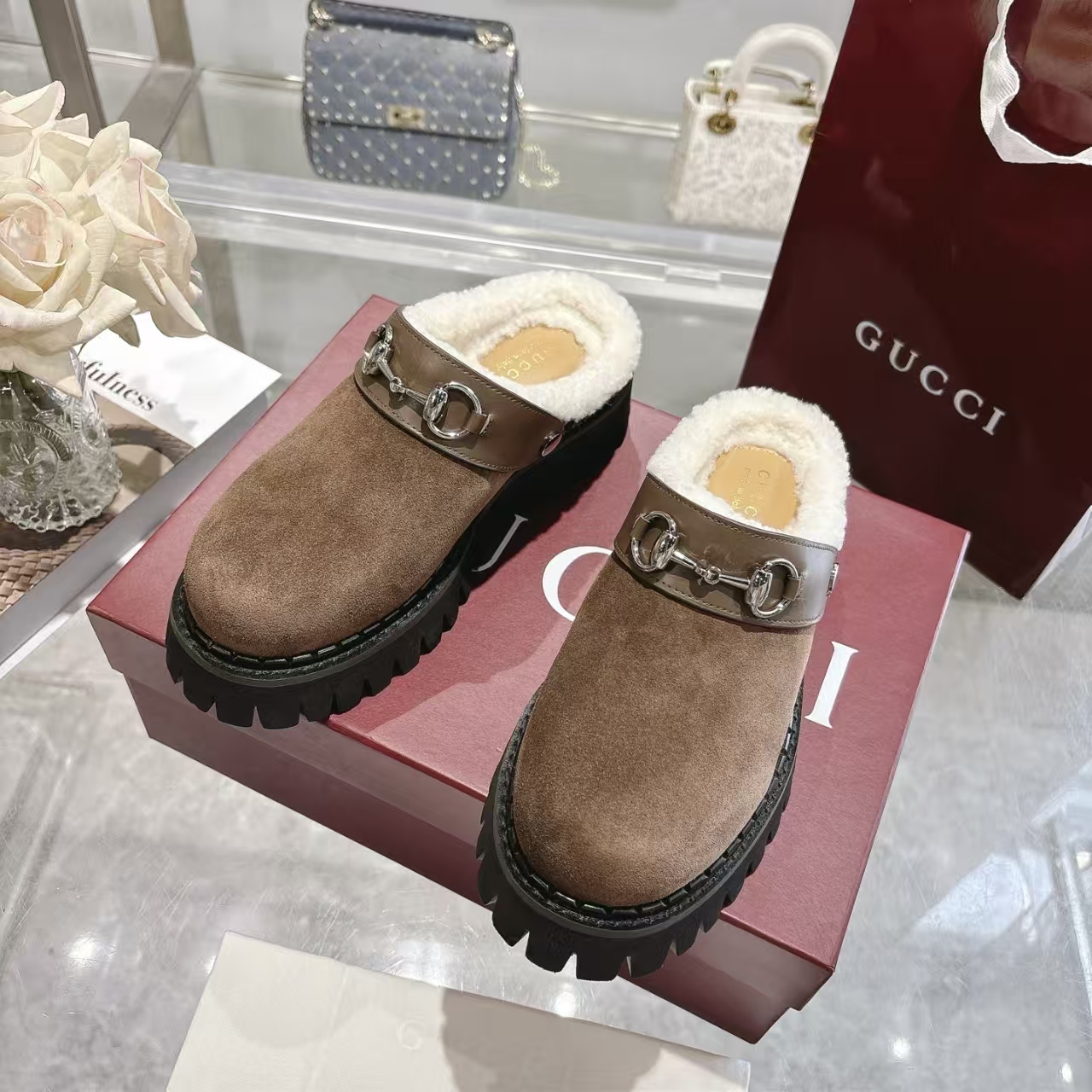 Gucci Horsebit Fall Winter New Arrival Women's Mocha Shearling Mule | Slip-On Slipper