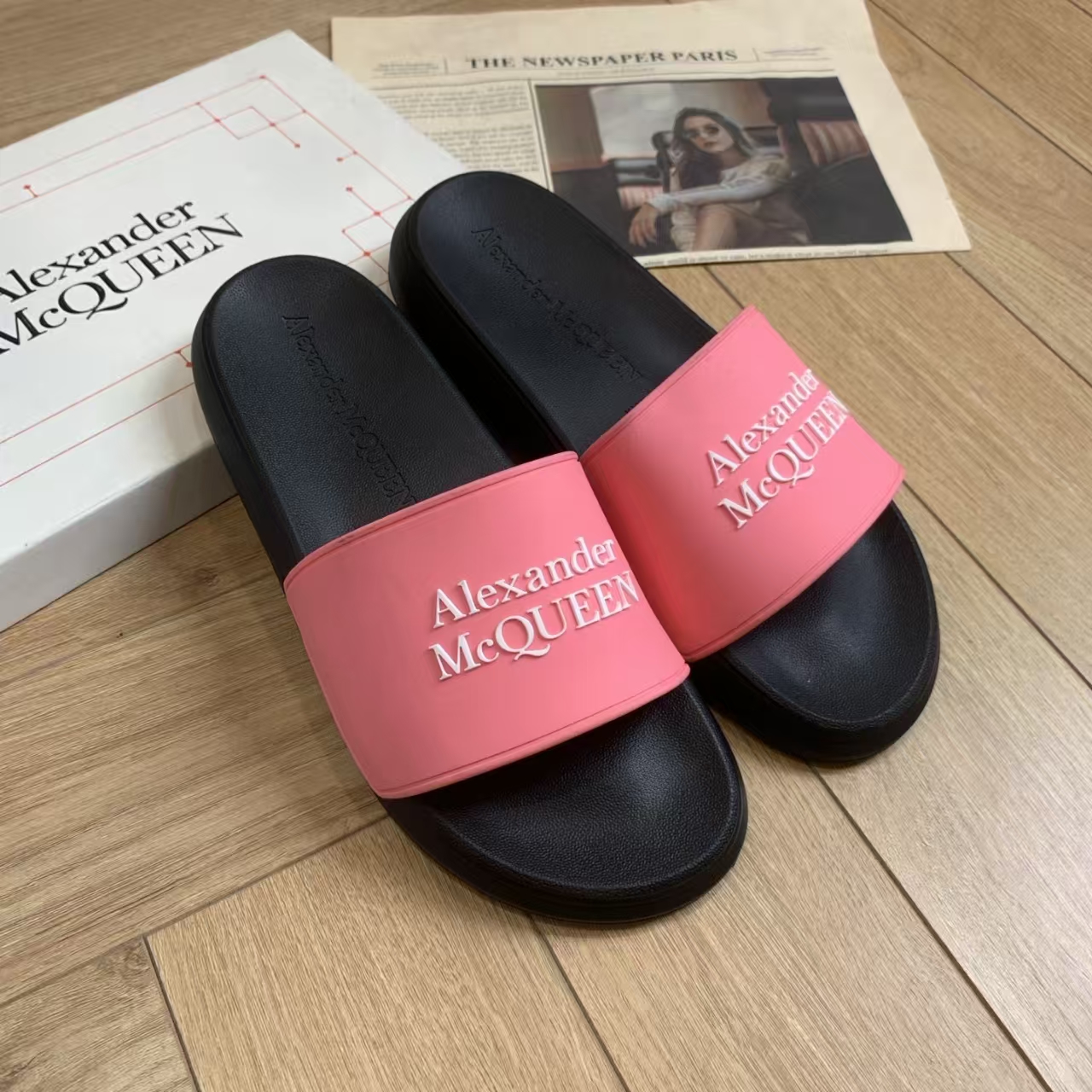 Alexander McQueen Black & Pink Slide Sandal | Embellished Logo Slipper