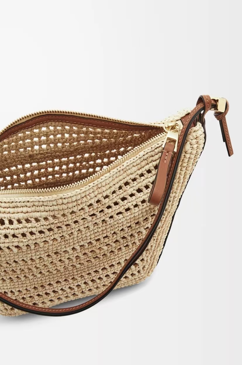 LOEWE Mini Hobo Bag - Woven Raffia, Cowhide Trim, Tan/Natural