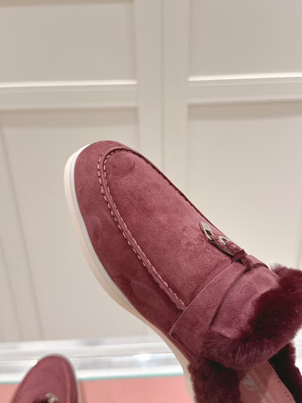 Loro Piana Burgundy Shearling Loafer Mule | Backless Velvet-Touch Slipper