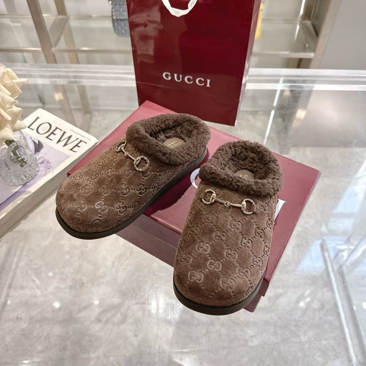 Gucci Women's Fall Winter New Arrival Mocha Suede & Wool Slipper | Plush Indoor Slide