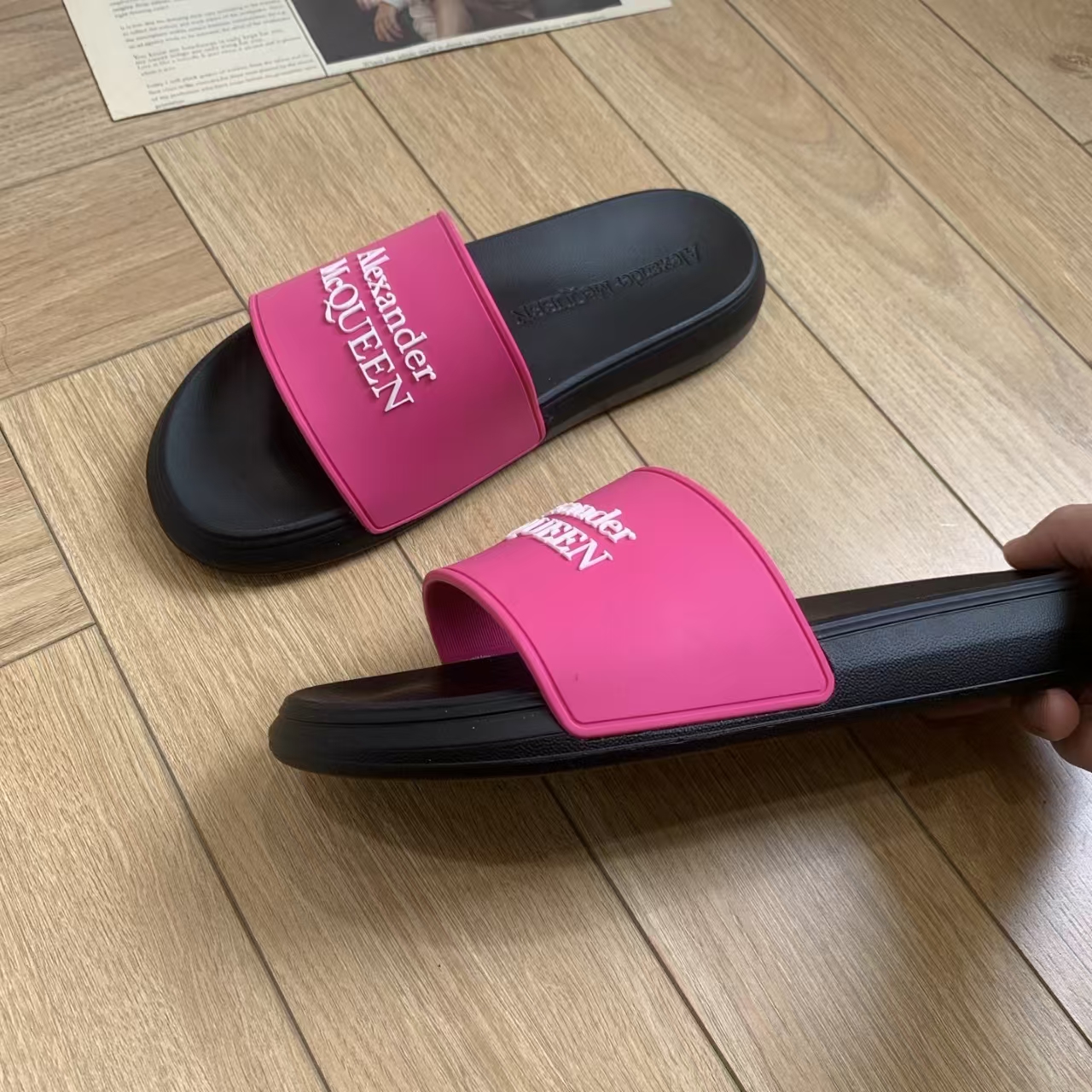 Alexander McQueen Black & Fuchsia Slide Sandal | Bold Logo Flip-Flop