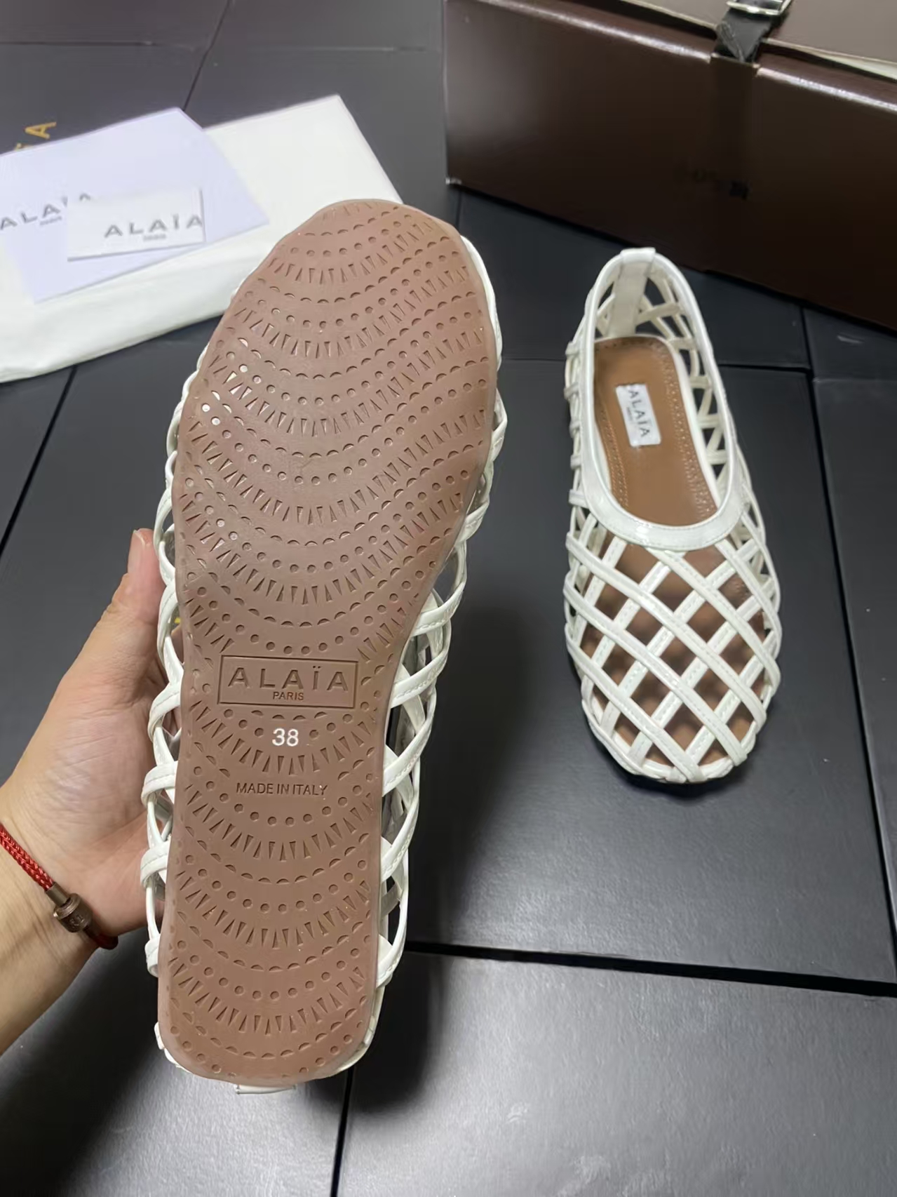 Alaïa White Smocked-Band Ballet Flats | Women's Leather Slip-On Shoes