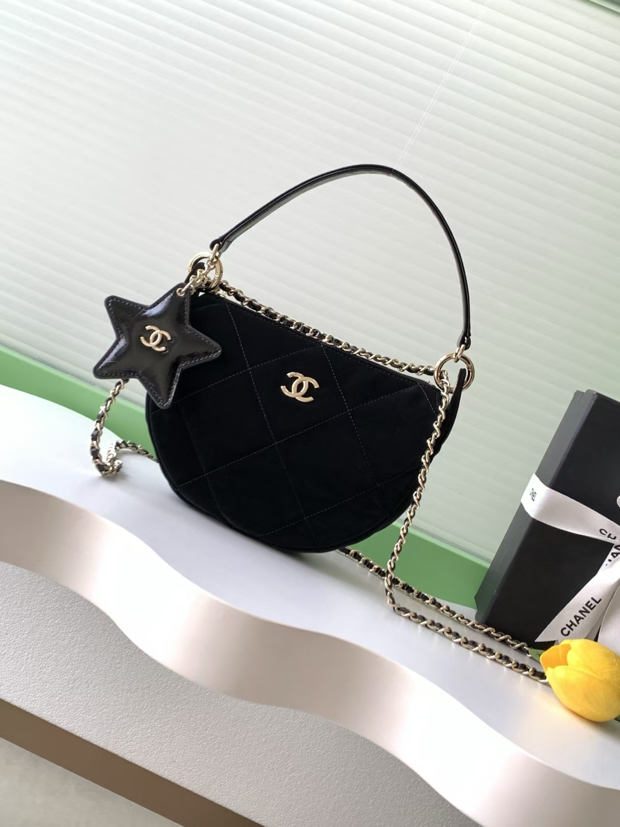 Chanel 25N Black Velvet Crescent Bag