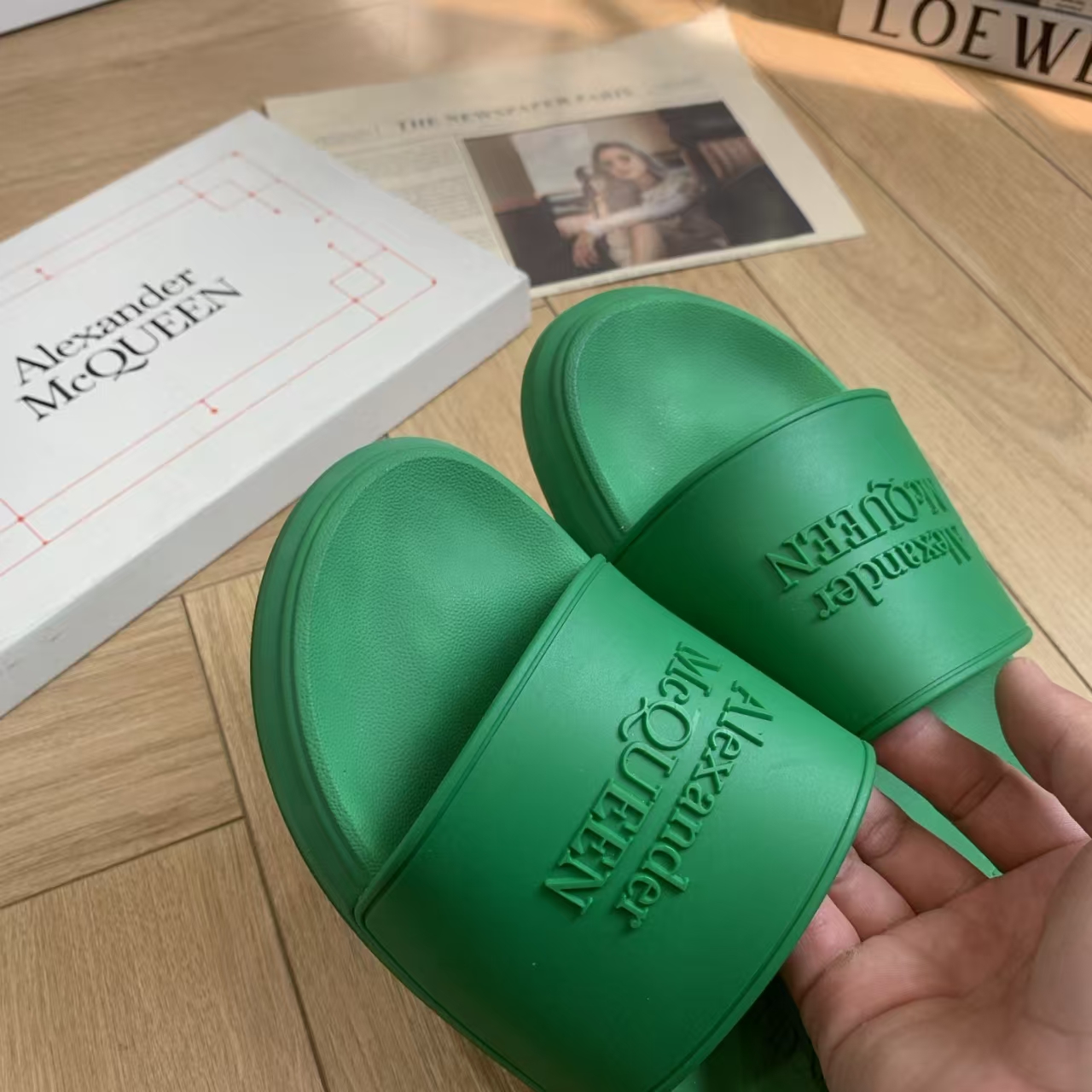 Alexander McQueen Green Slide Sandal | Embellished Leather Slipper