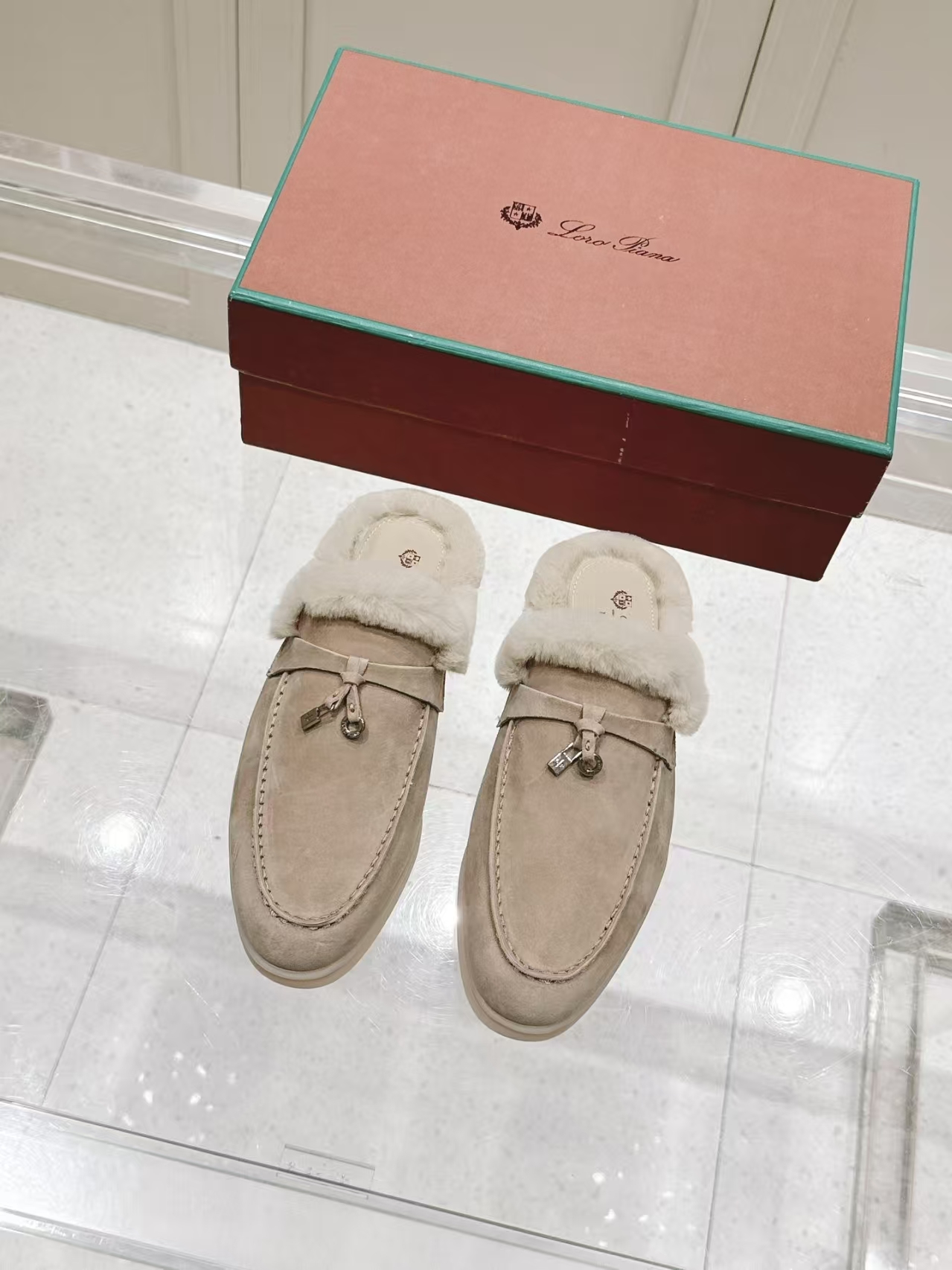 Loro Piana Khaki Shearling Loafer Mule | Slip-On Backless Luxury Slipper