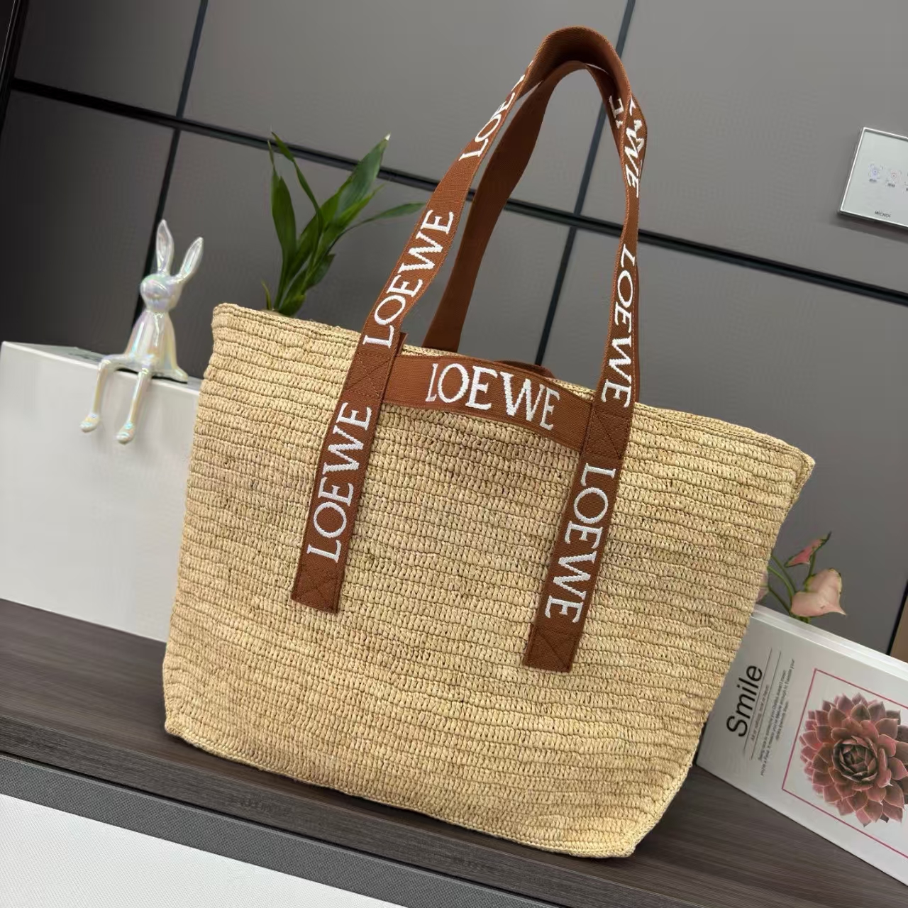 LOEWE Foldable Raffia Shopper Tote, Natural/Tan, Woven Straw