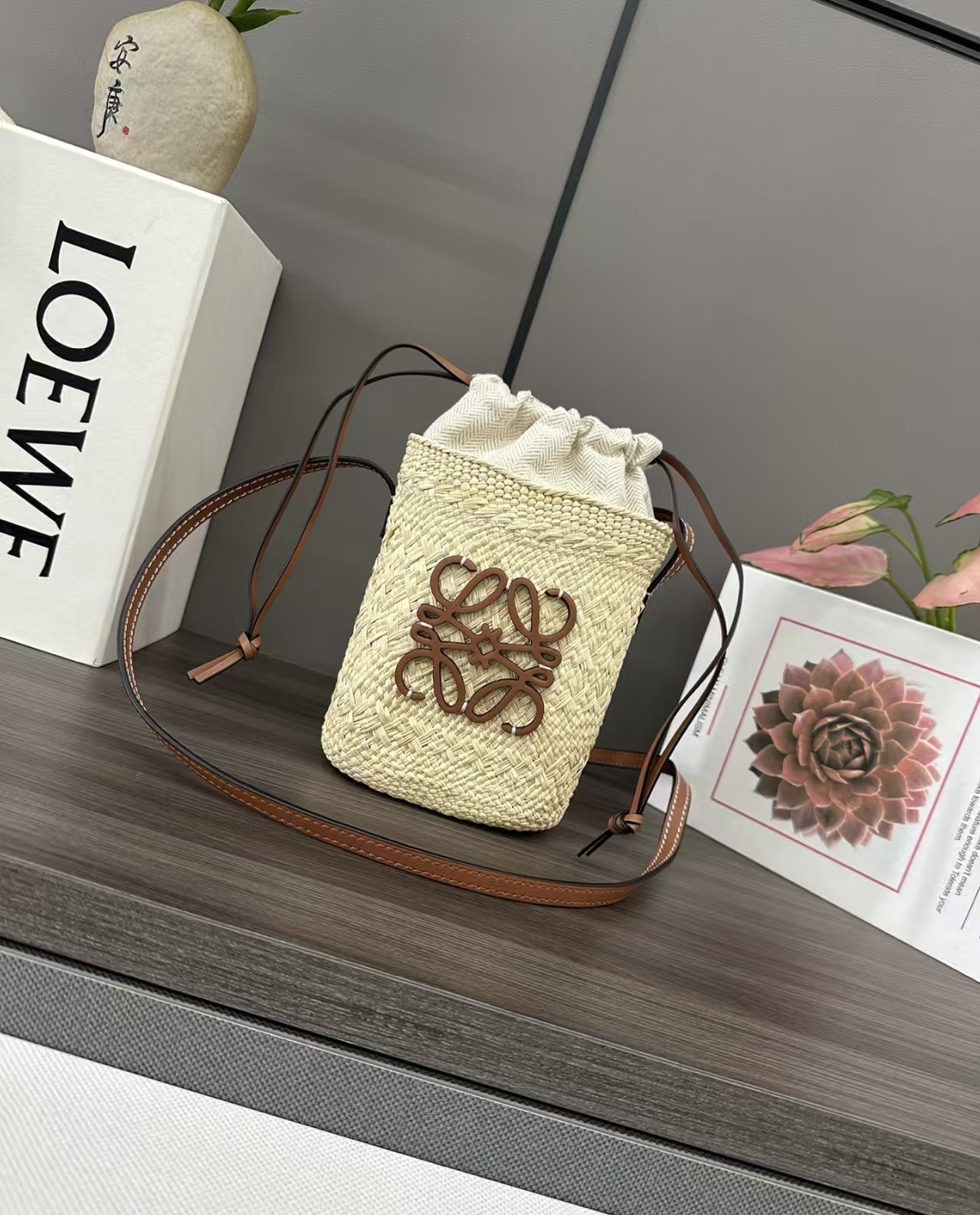 LOEWE Square Pouch - Woven Iraka Palm, Leather Trim, Natural/Tan